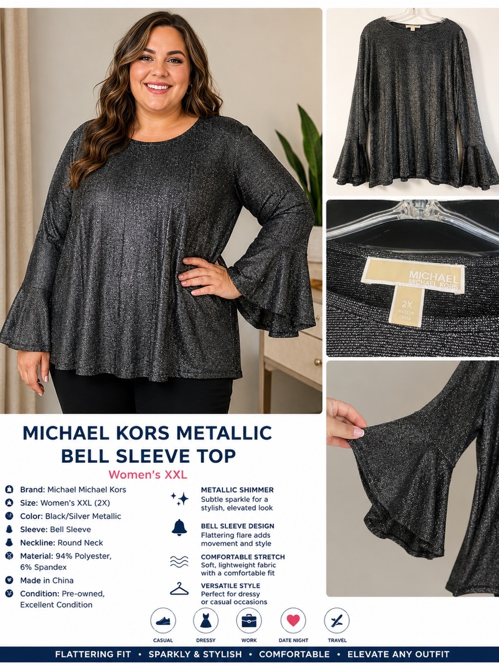 Michael Kors Black Metallic Bell Sleeve Top